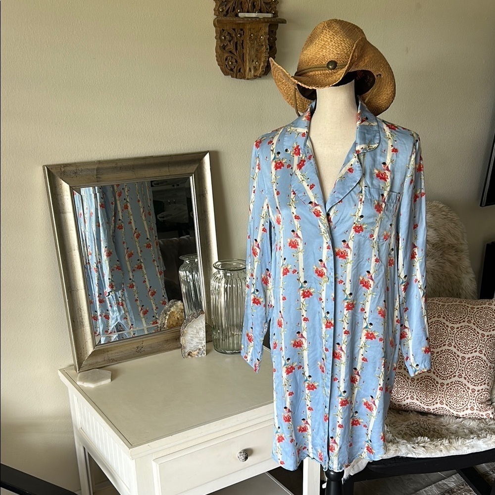 Novelty bird floral blue striped silk viscose button down night shirt M L​​​​​